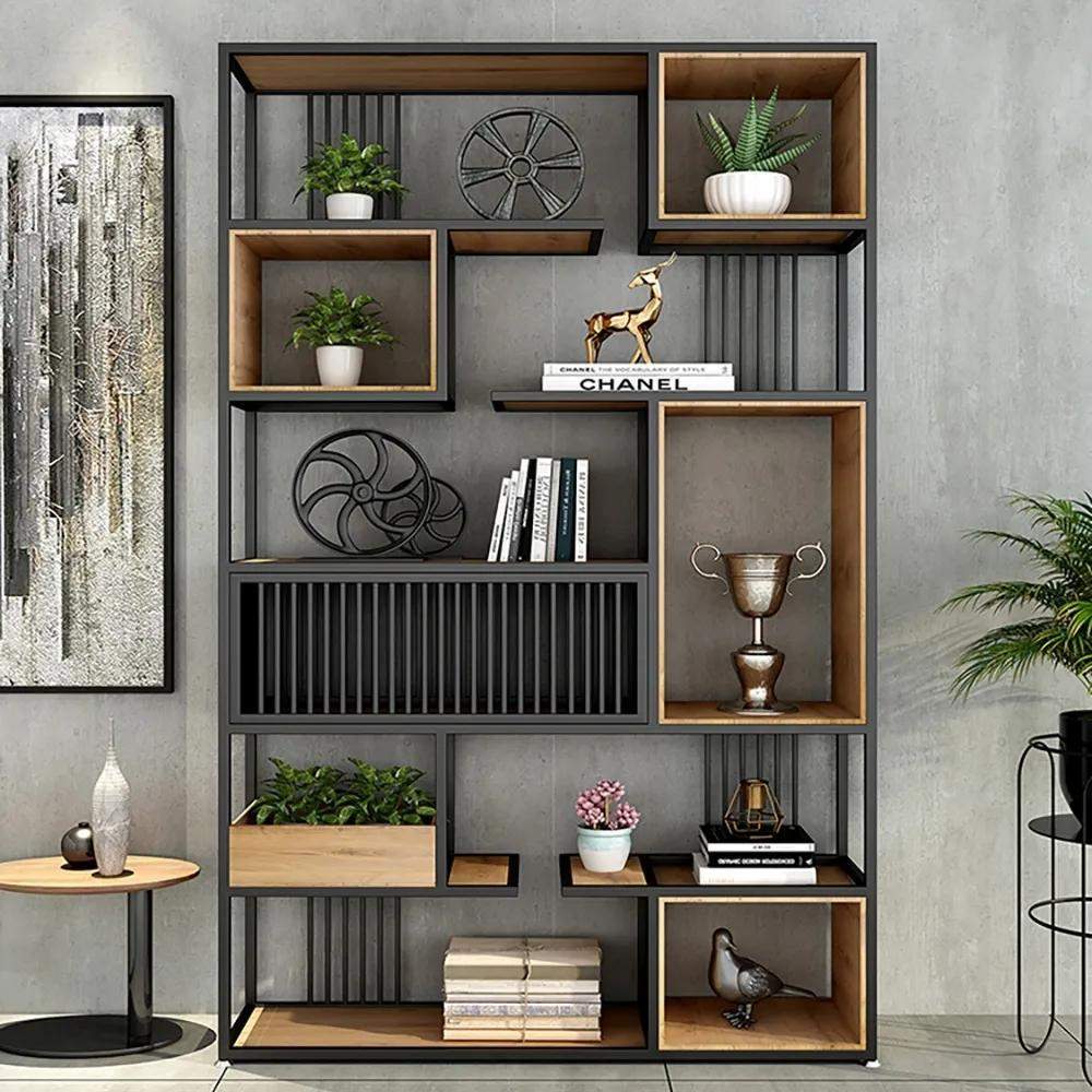 78" Contemporary Geometric Bookshelf Black & Natural-Bookcases &amp; Bookshelves,Furniture,Office Furniture