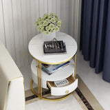 Modern White Round Nightstand with Marble-Top & Drawer & Shelf in Gold Base