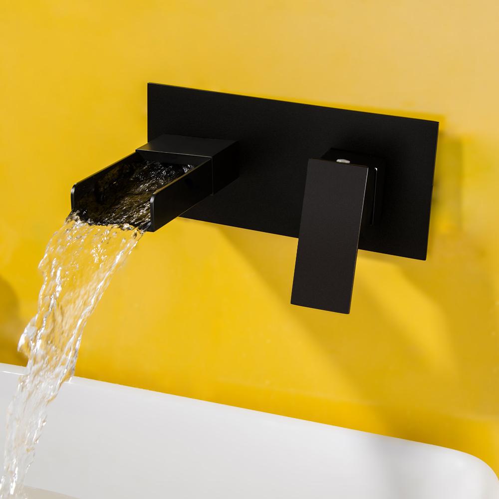 Mero Contemporary Waterfall Wall Mount Single Handle Bathroom Sink Faucet in Matte Black Solid Brass