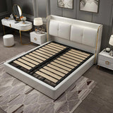 White Wingback Bed with Leather Upholstered Headboard & Wood Slats, King Size