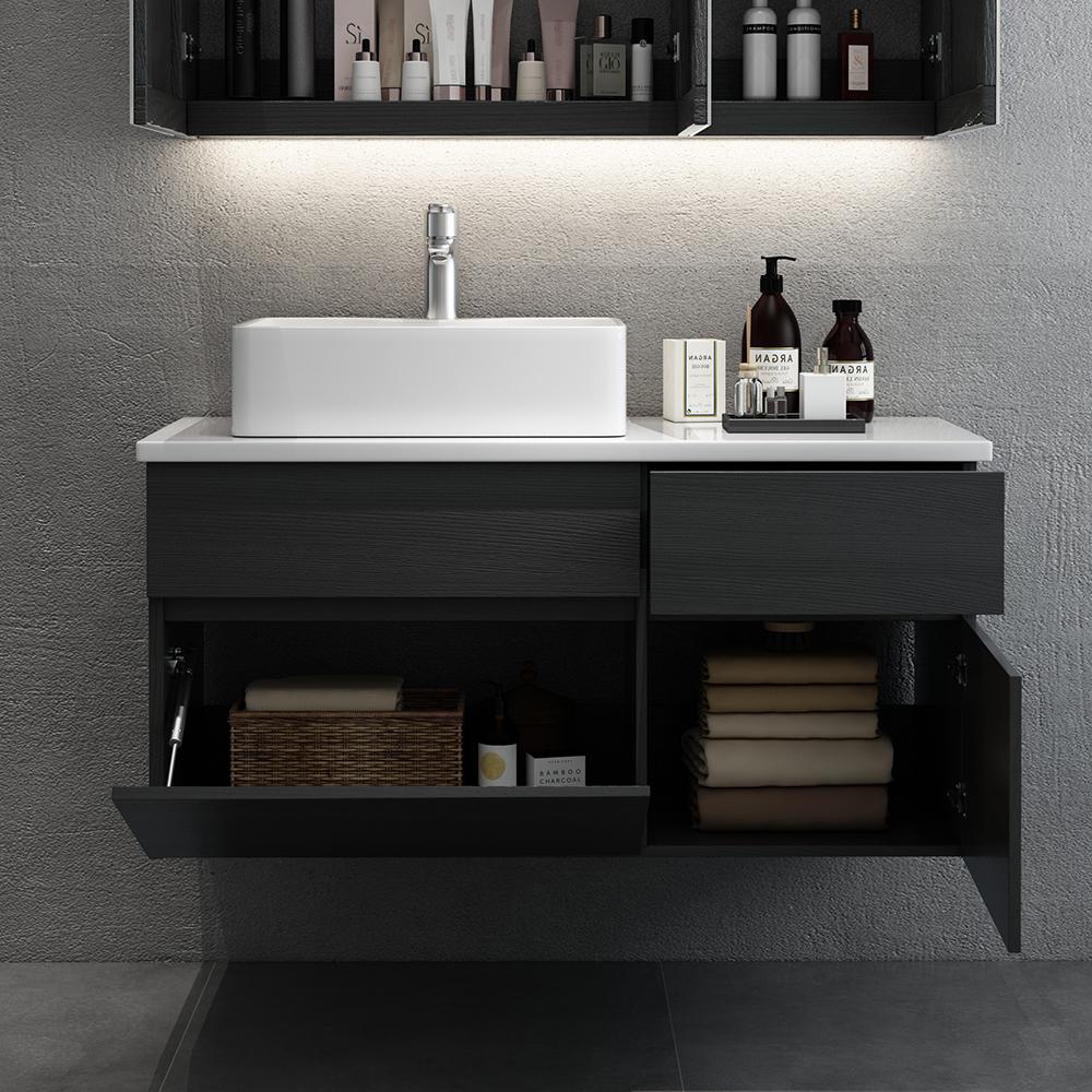 31" Black & White Floating Bathroom Vanity Marble Top Ceramic Vessel Sink