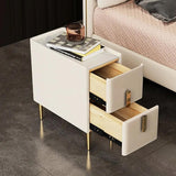 Beigefarbener Schlafzimmer-Nachttisch mit 2 Schubladen und goldenen Beinen