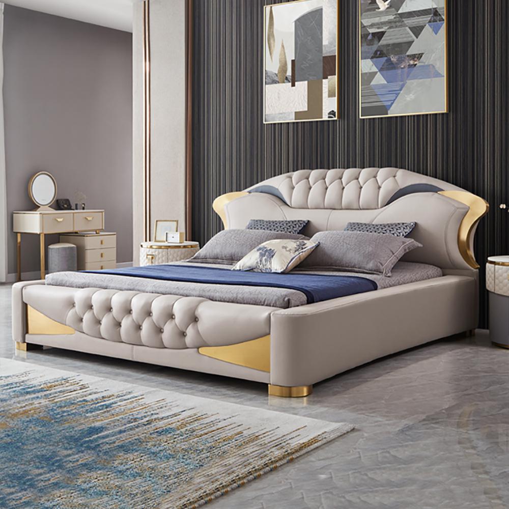 Modern White & Blue Faux Leather Upholstered Low-Profile Platform Bed