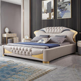 Modernes, mit Kunstleder gepolstertes, niedriges Plattformbett in Weiß und Blau