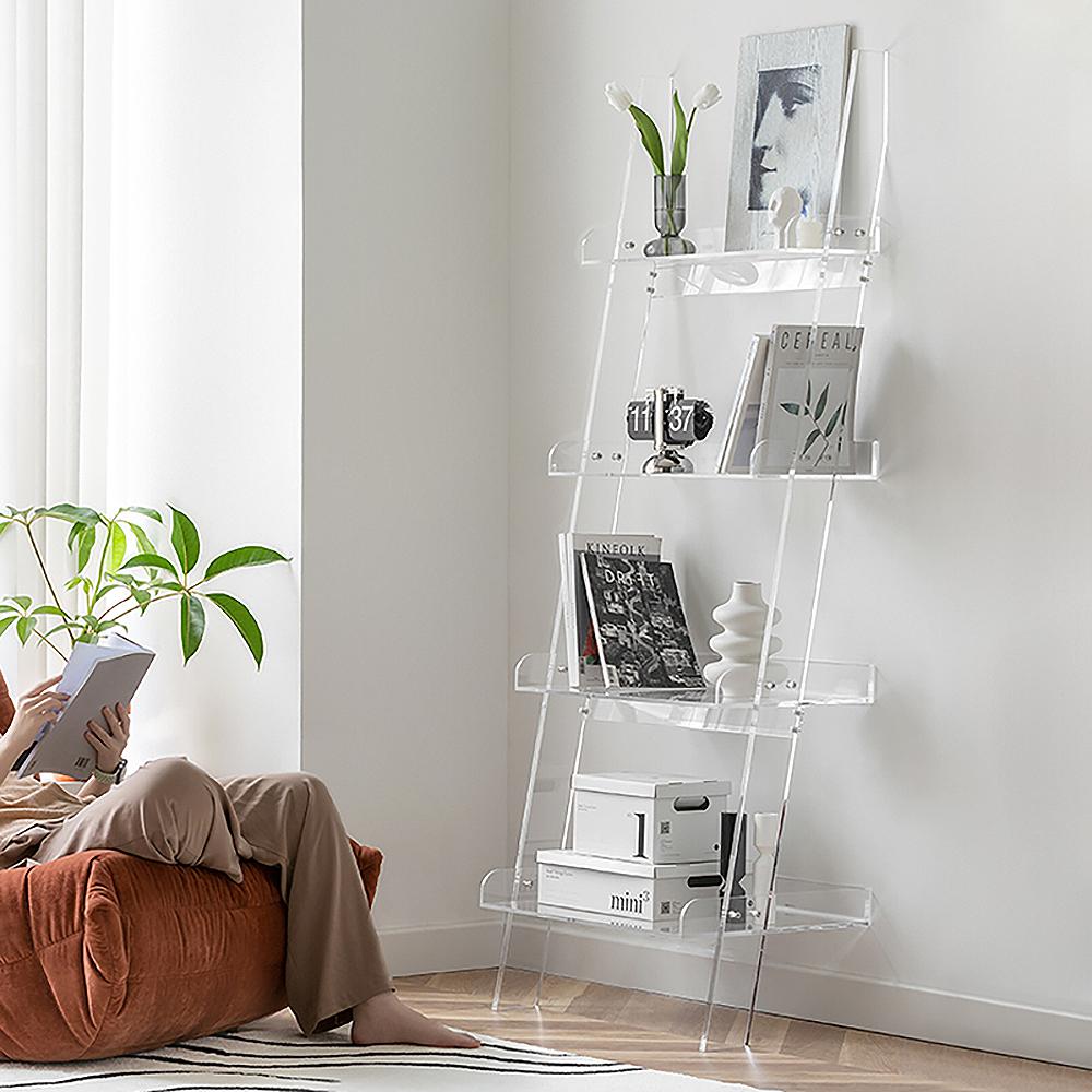 4-Shelf Ladder Bookshelf Modern Bookshelf Acrylic Clear Ladder Bookcase