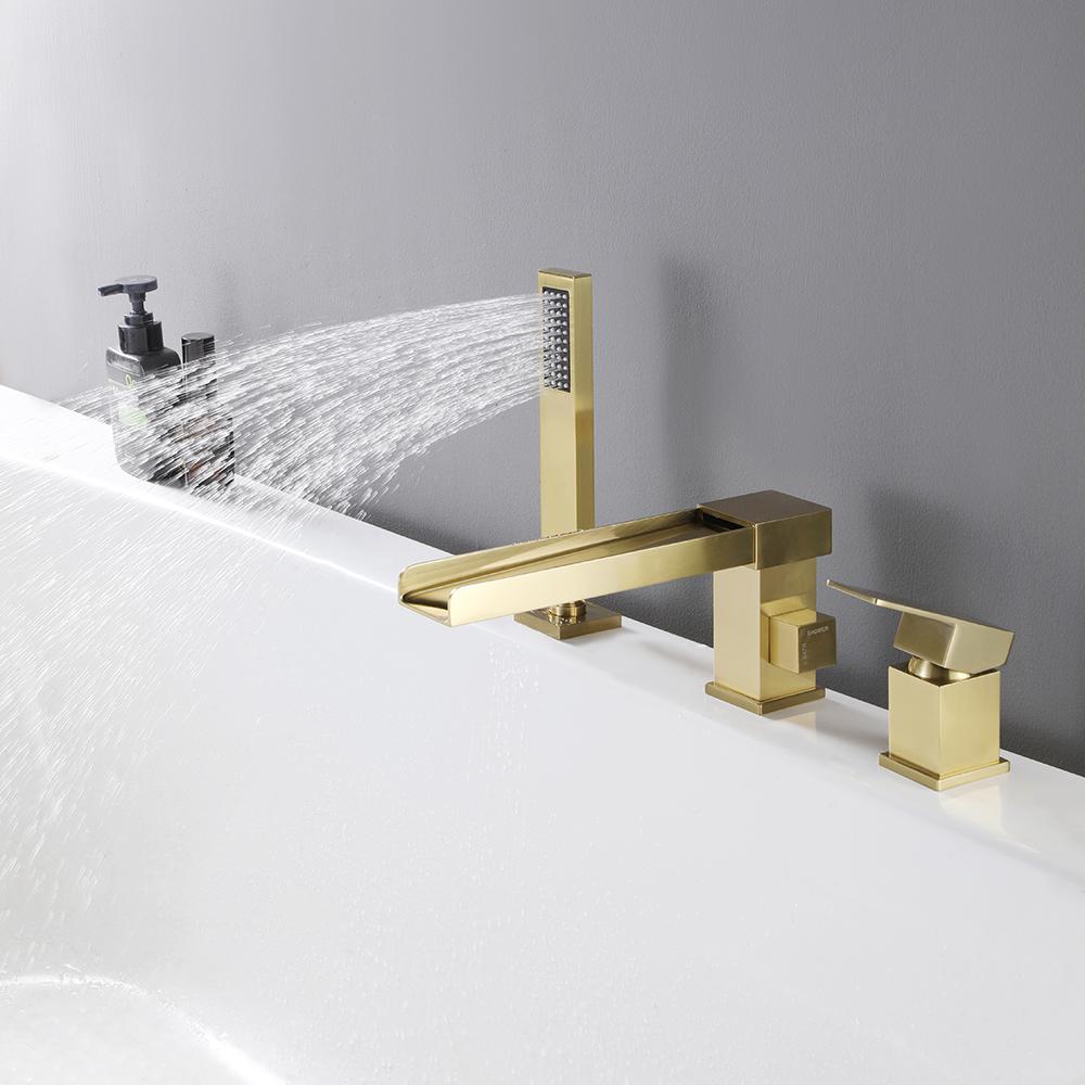 Deck-Mount Waterfall Roman Bathtub Filler Faucet with Handshower in Brushed Gold