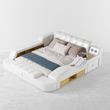 Cama King Smart Bed blanca de piel sintética con cargador, masaje y altavoz