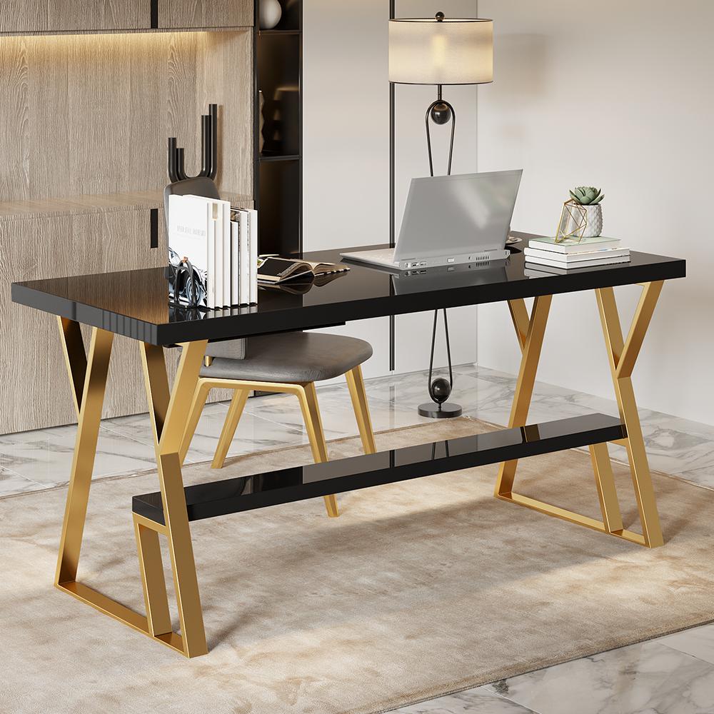 Wood Writing Desk for Office with Black Metal Shelf in Small-Wehomz