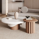 Juego de mesa de centro redonda de madera de 2 piezas con base acanalada en blanco y nogal