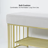 Modern Gray Storage Bench Entryway Bench Velvet Upholstered with Golden Frame & Shelves