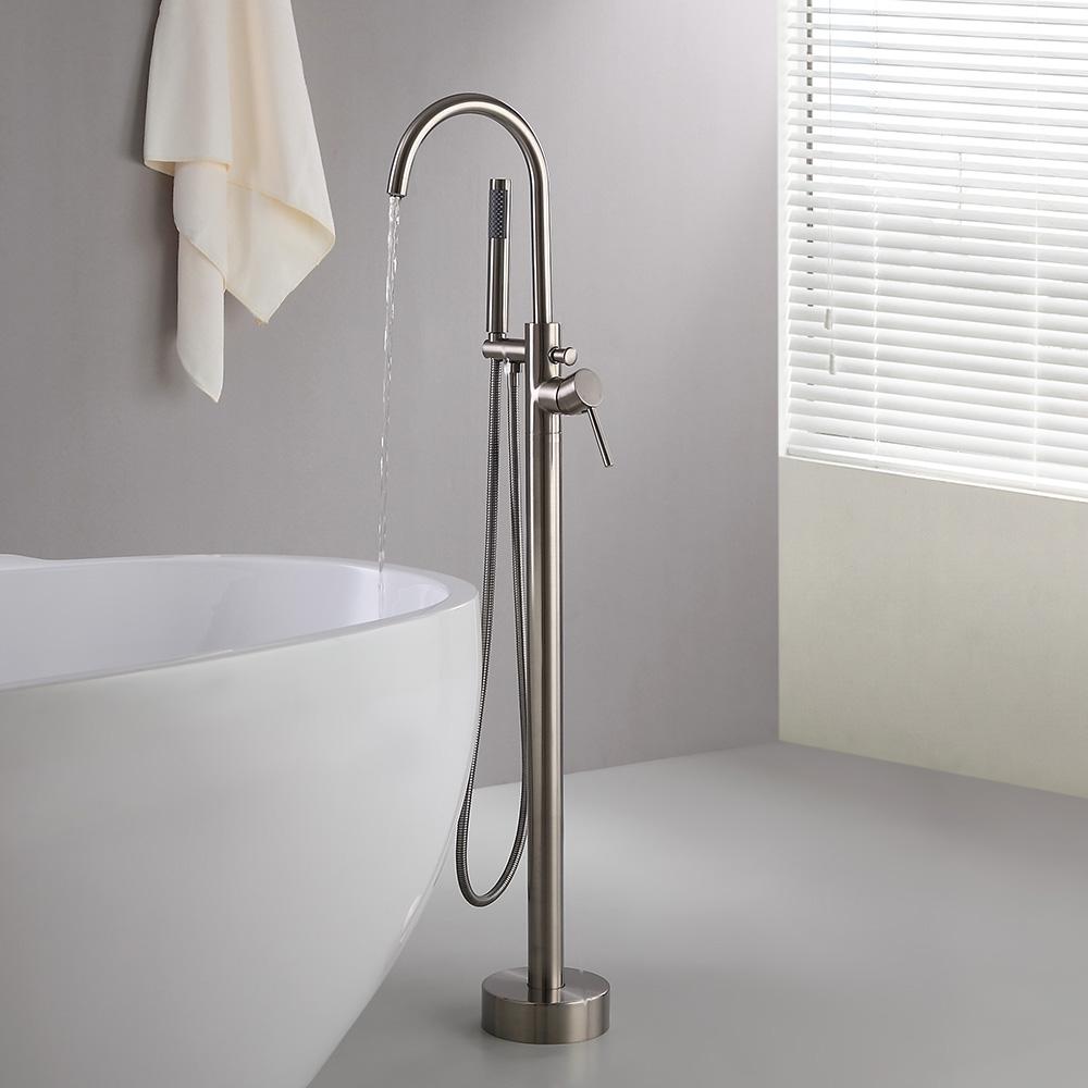 Brewst Brass Freestanding Bathtub Faucet Floor Mount with Handshower in Brushed Nickel