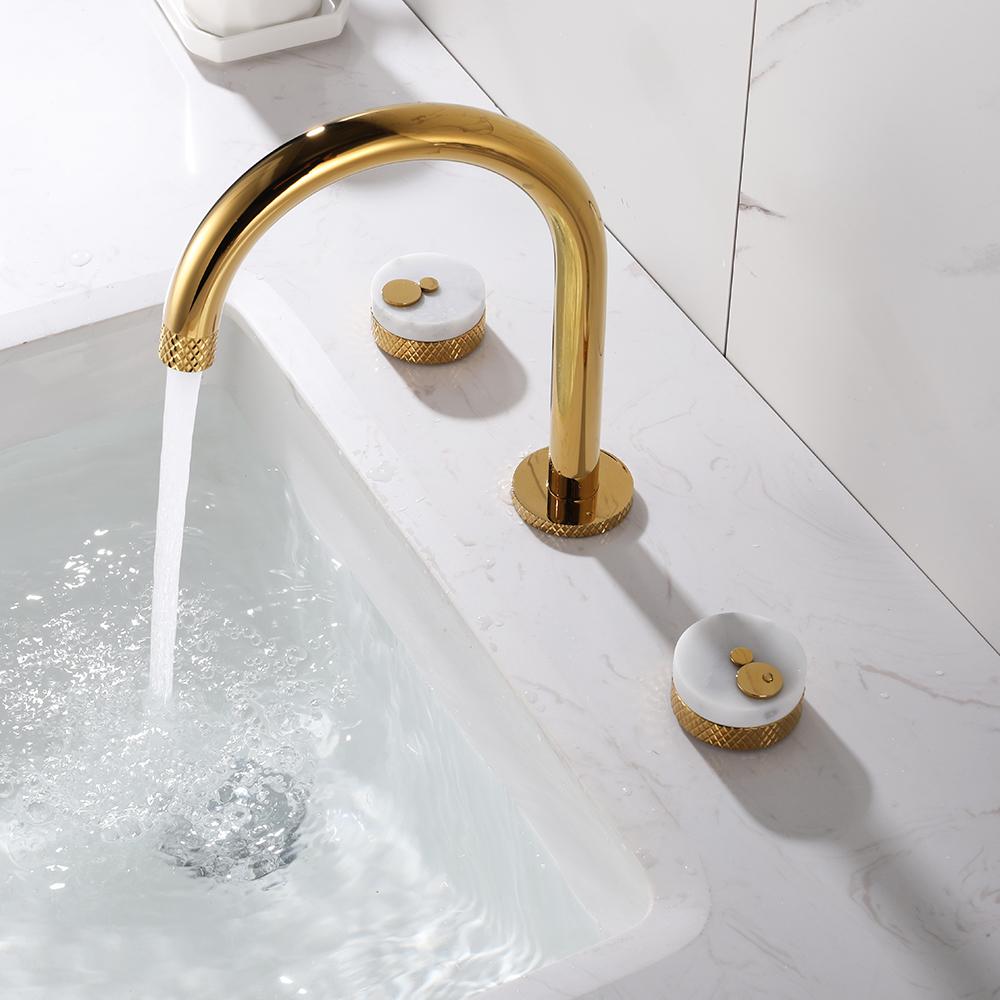 Gold Aerated Spout Widespread Bathroom Sink Faucet Solid Brass