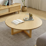 32" Modern Round Pine Wood and Rattan Coffee Table in Natural