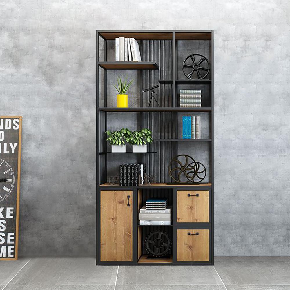 70" Industrial Etagere Bookshelf with Door in Metal