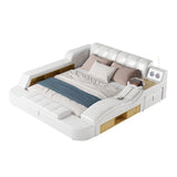 Cama King Smart Bed blanca de piel sintética con cargador, masaje y altavoz