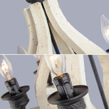 Lámpara de araña de 6 luces de metal negro y madera blanca envejecida recuperada retro con luz de vela