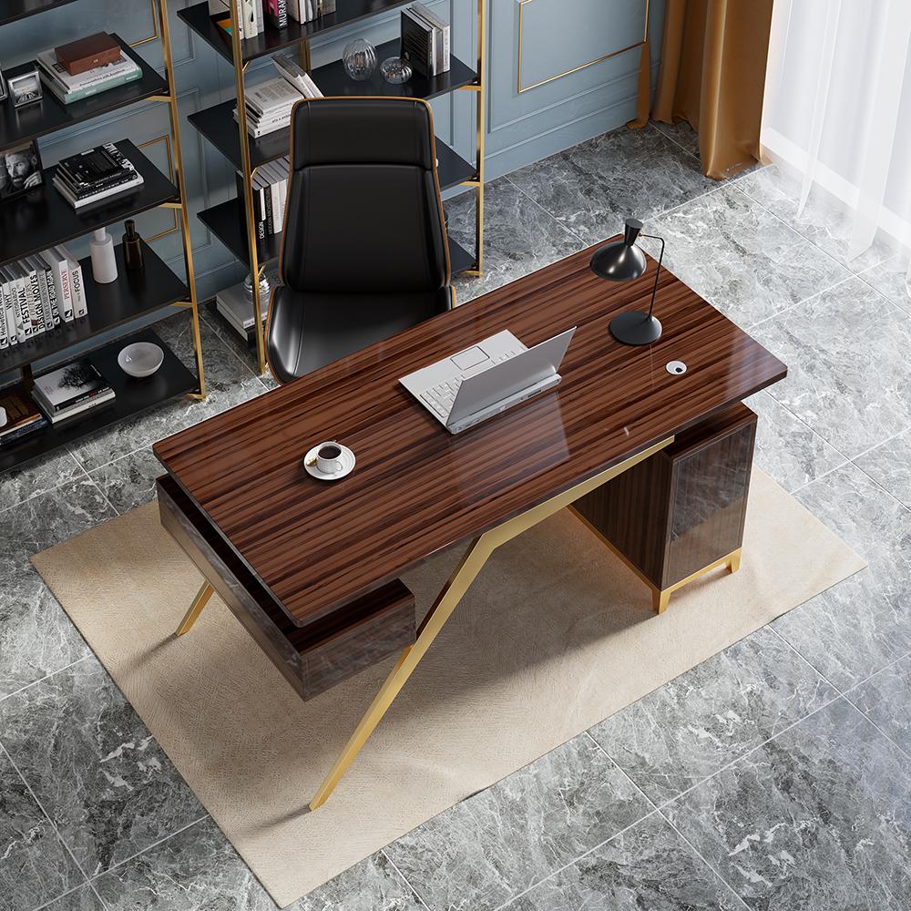 Hungled 55 Ultra Modern White and Gold Computer Writing Desk with Storage  & Drawer
