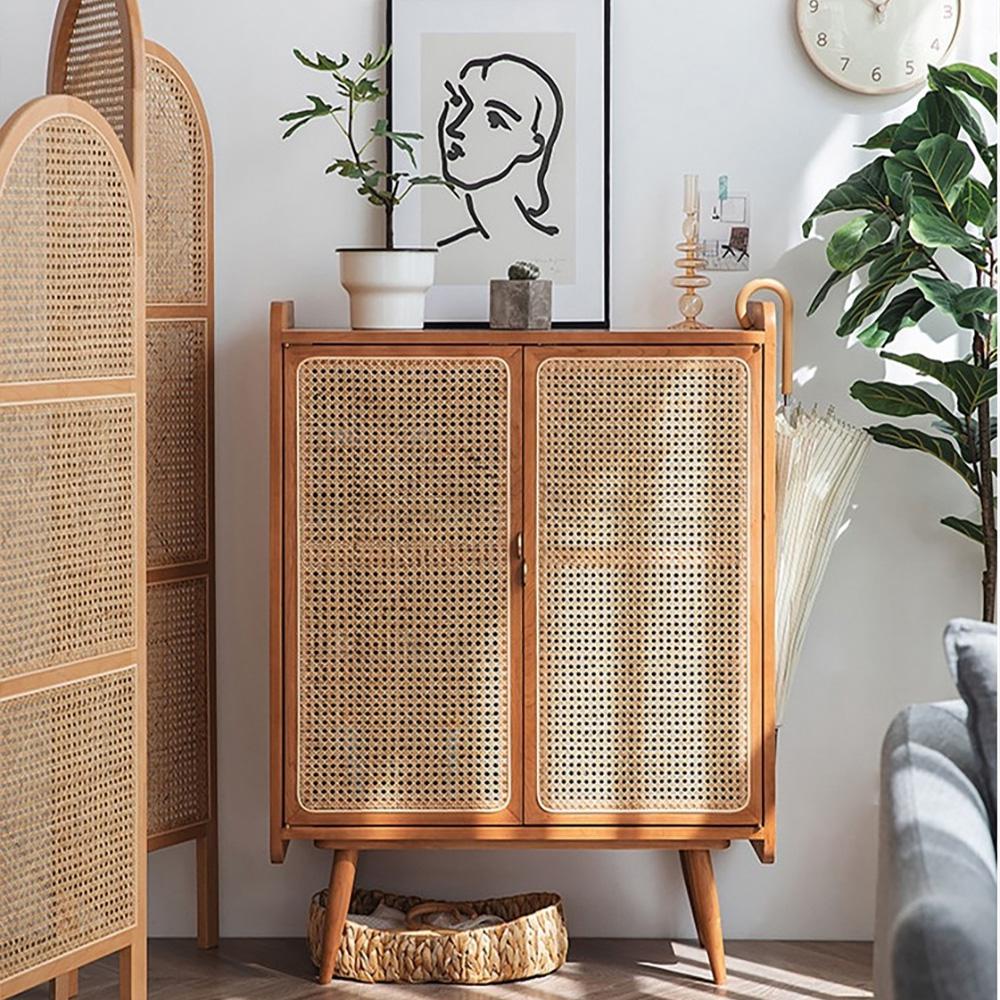 Farmhouse Walnut Rattan Shoe Cabinet 2-Door 4-Shelf Shoe