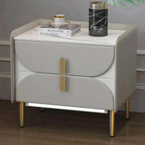 Luxury Gray Nightstand Stone Top Microfiber Leather Upholstery with LED Light