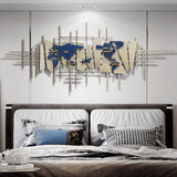 Arte de decoración de pared de metal con mapa del mundo de estilo europeo en 3D en azul y dorado