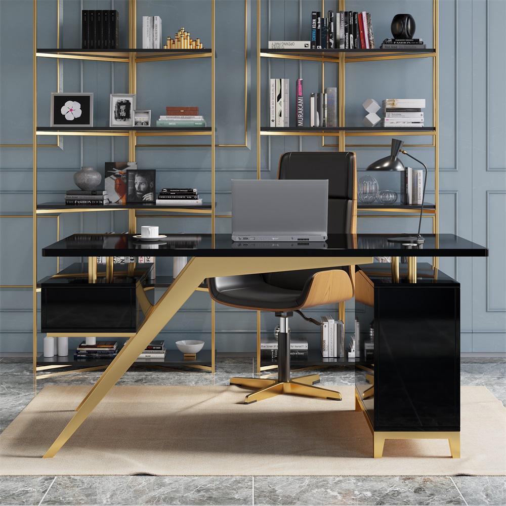 Hungled 55 Ultra Modern White and Gold Computer Writing Desk with Storage  & Drawer