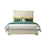 Lit de plate-forme queen-size lit blanc rembourré en faux cuir avec des jambes dorées