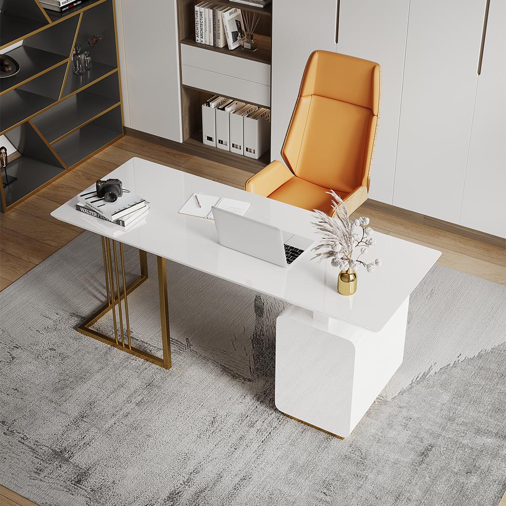 63" Modern White Executive Desk with Drawers & Side Cabinet in Gold Base