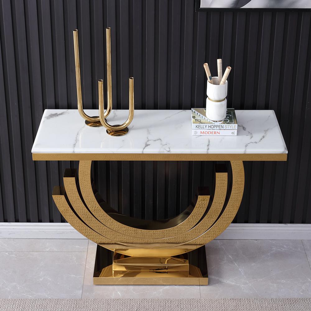 59.1" Gold & Black Marble Console Table Narrow Rectangular Entryway Table