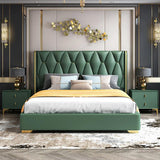 Queen Upholstered Platform Bed Green Low Profile Bed with Wood Slats