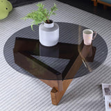 ガラストップとパインウッドの幾何学的なベースを備えたブラックとウォールナットのラウンドコーヒーテーブル