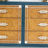 50" Modern Blue Dresser Accent Cabinet with 6 Drawers and Shell Pulls in Gold