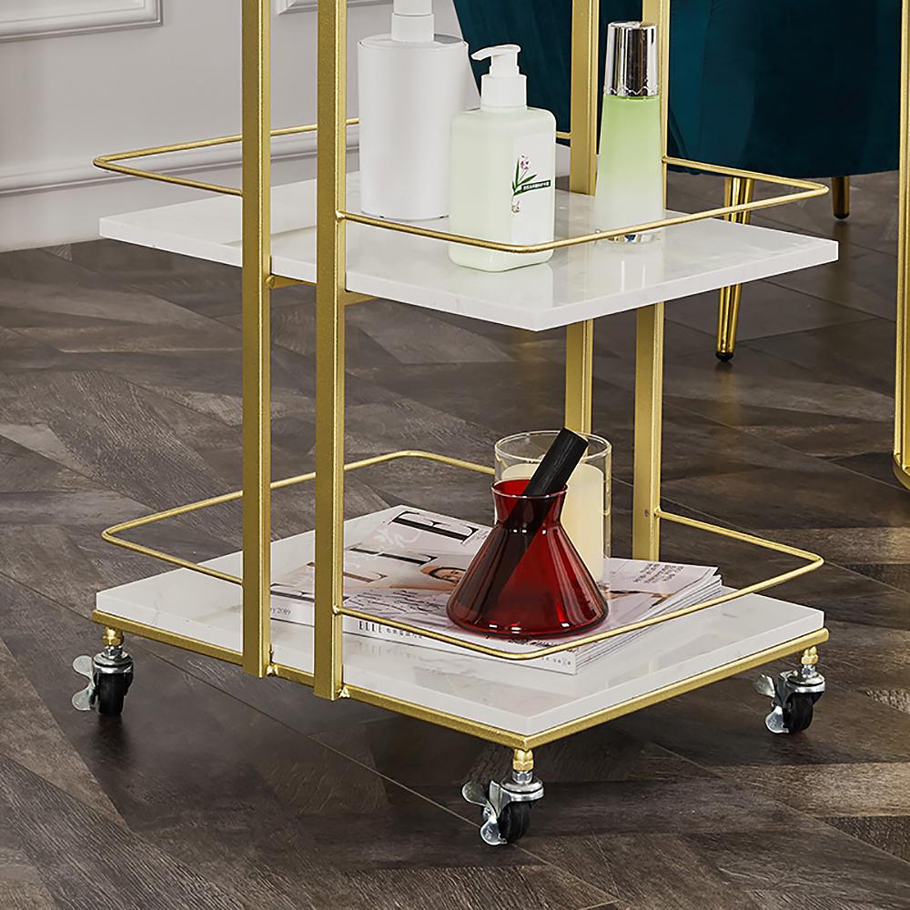 3-Tier Rectangular Rolling Bar Cart with Wheels Gold White Marble Shelves