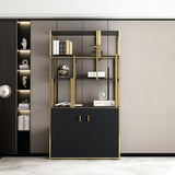 78" 5-stöckiges schwarzes Bücherregal mit Türen Aufbewahrungsschrank Goldrahmen