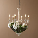 Lámpara de araña estilo vela de 6 luces de madera envejecida con volutas blancas retro