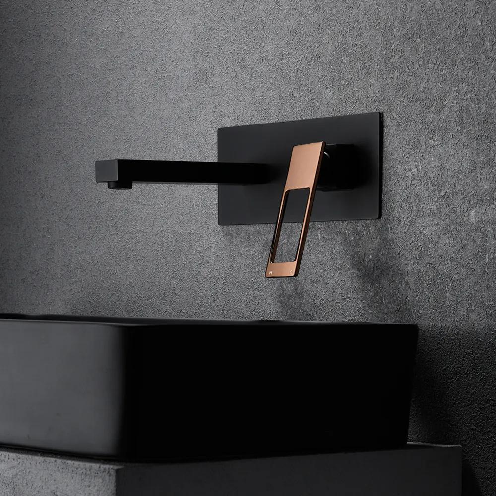 Modern Brushed Gold Wall Mount Bathroom Sink Faucet Solid Brass