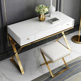 Modern 2-Drawer Wood Makeup Vanity Set with Mirror & Stool X Base Stainless Steel in Gold