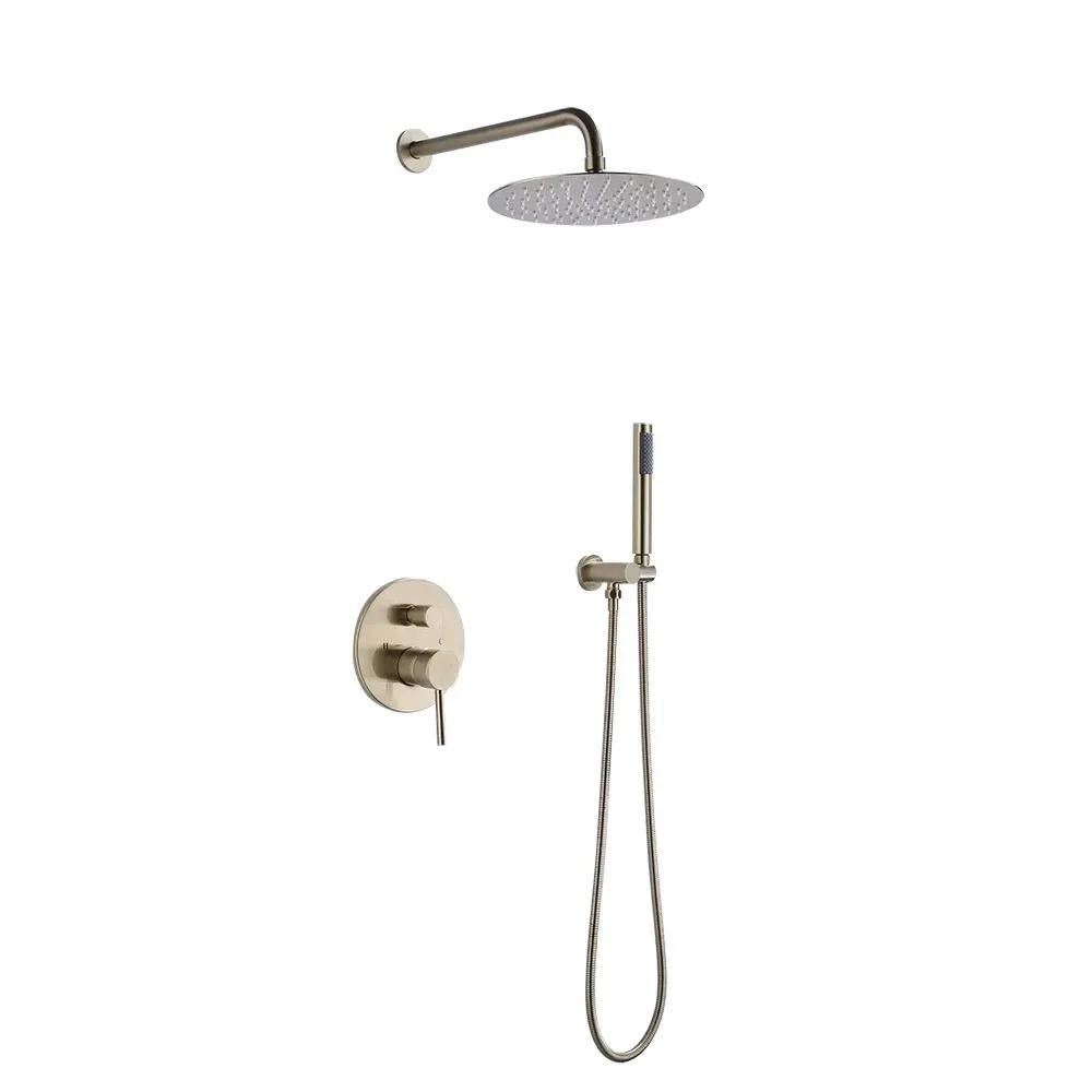 Brushed Gold 10" Round Rainfall Shower Head Wall Mounted Rain Shower System with Handheld Shower Solid Brass