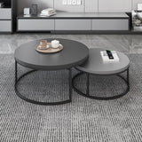 Mesa de centro anidada redonda gris y negra de madera moderna de 2 piezas para sala de estar