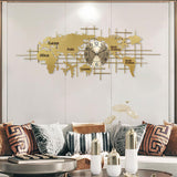 Reloj de pared con mapa del mundo de gran tamaño de metal dorado de lujo de 59.1 "x 22.8" para decoración del hogar