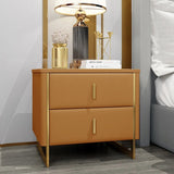Modern Off White Nightstand 2-Drawer Faux Leather Bedside Table in Gold