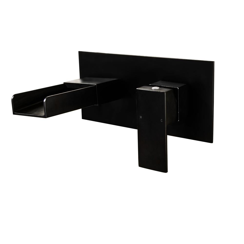 Mero Contemporary Waterfall Wall Mount Single Handle Bathroom Sink Faucet in Matte Black Solid Brass