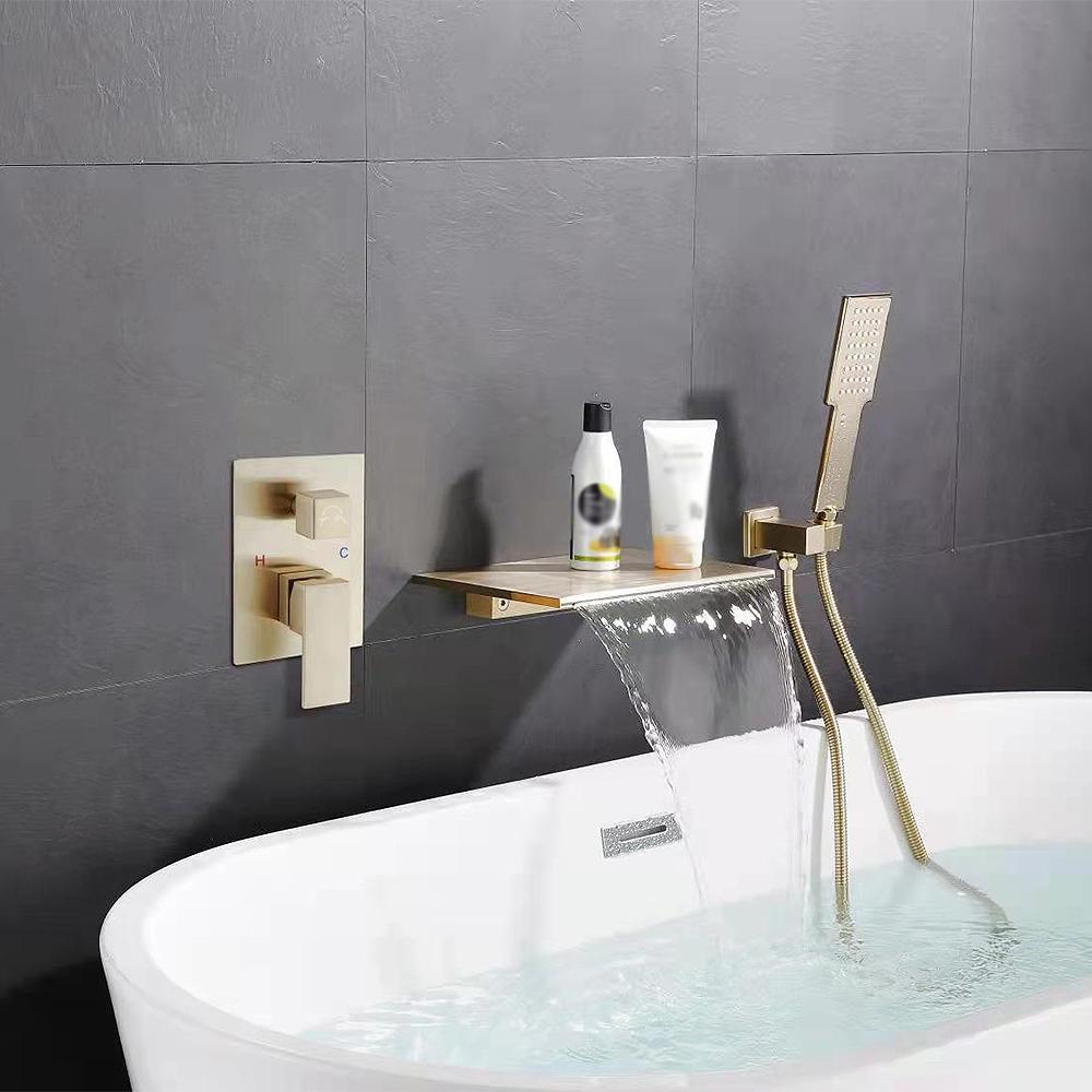 Solid Brass Single Handle Wall Mount Tub Faucet in Brushed Gold
