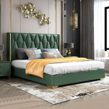 Gepolstertes Queensize-Plattformbett, grünes, flaches Bett mit Holzlatten