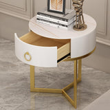 Modern Round Nightstand with 1 Drawer White Nightstand Bedside Table with Gold Frame