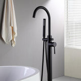 Brewst Modern Brass Floor Mounted Tub Filler Faucet with Handheld Shower in Matte Black