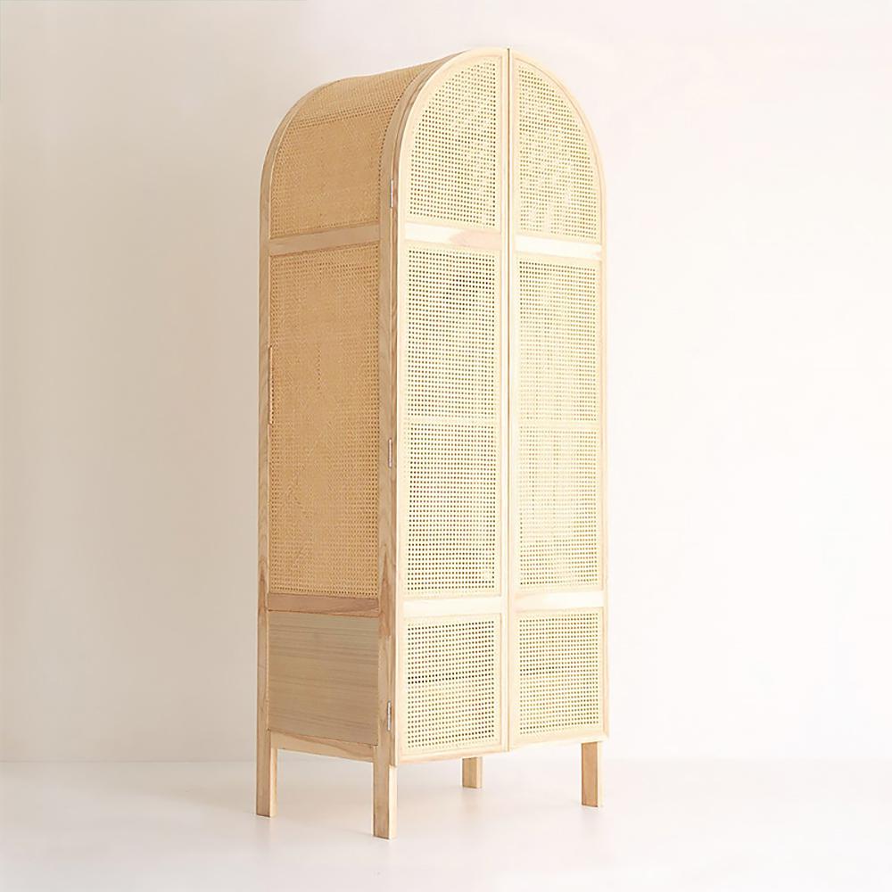 Woven Rattan Bedroom Clothing Armoire with Hidden 2 Doors and Drawers Wardrobe, Natural