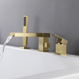 Deck-Mount Waterfall Roman Bathtub Filler Faucet with Handshower in Brushed Gold