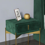 Table de chevet de chambre à coucher verte avec tiroir en velours rembourré et en acier inoxydable