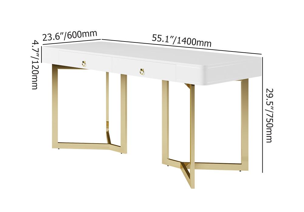 2-Drawers White Office Desk 55" Modern Writing Desk Gold Tripod Base Stainless Steel