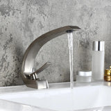 Modern Single Hole 1-Handle C-Shaped Curved Spout Bathroom Sink Faucet with Pop Up Drain in Brushed Nickel